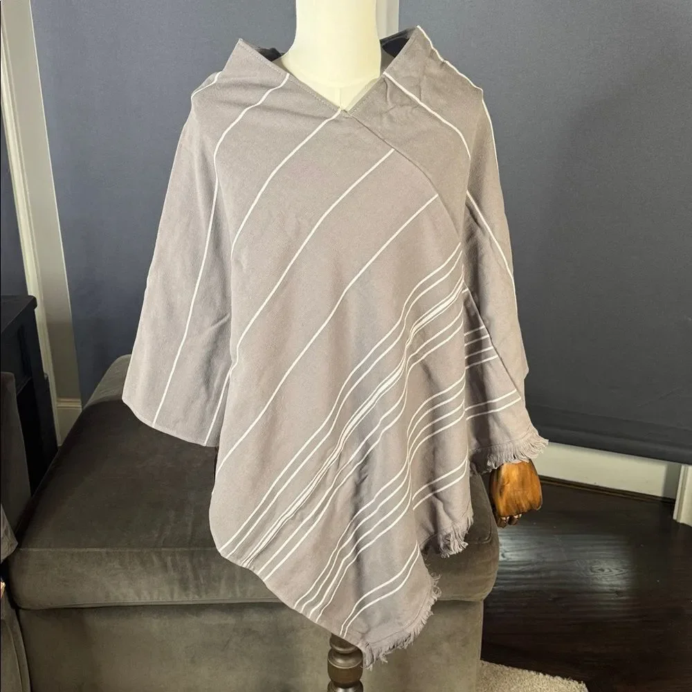 Adult Unisex Gray Striped Poncho Towel & Headband 100% Cotton Turkish Robe NEW